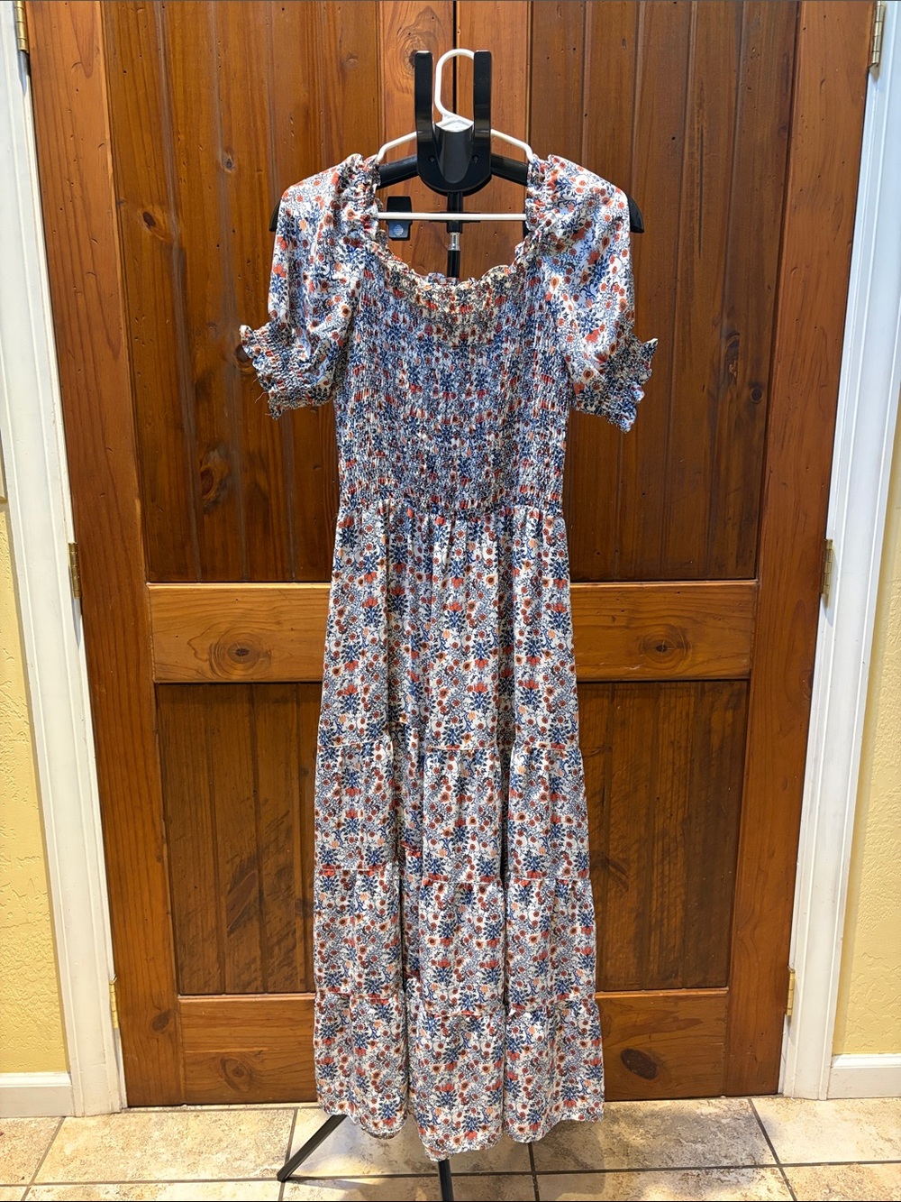 Max Studio Blue & Rust Floral Smocked Maxi Dress